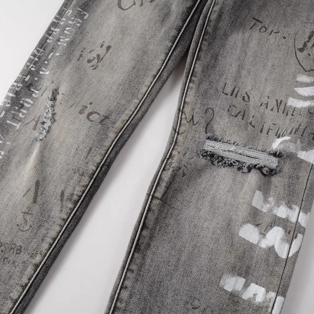 jeans slim-fit cinza lavado com estampa graffiti e design distressed 18