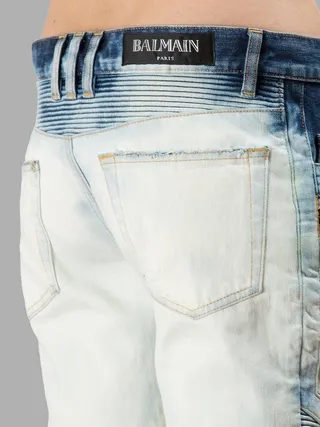 Distressed Ombre Wash Zip-Pocket Moto Panel Jeans 2