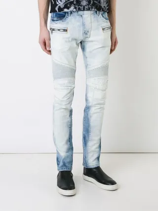 Distressed Ombre Wash Zip-Pocket Moto Panel Jeans 5