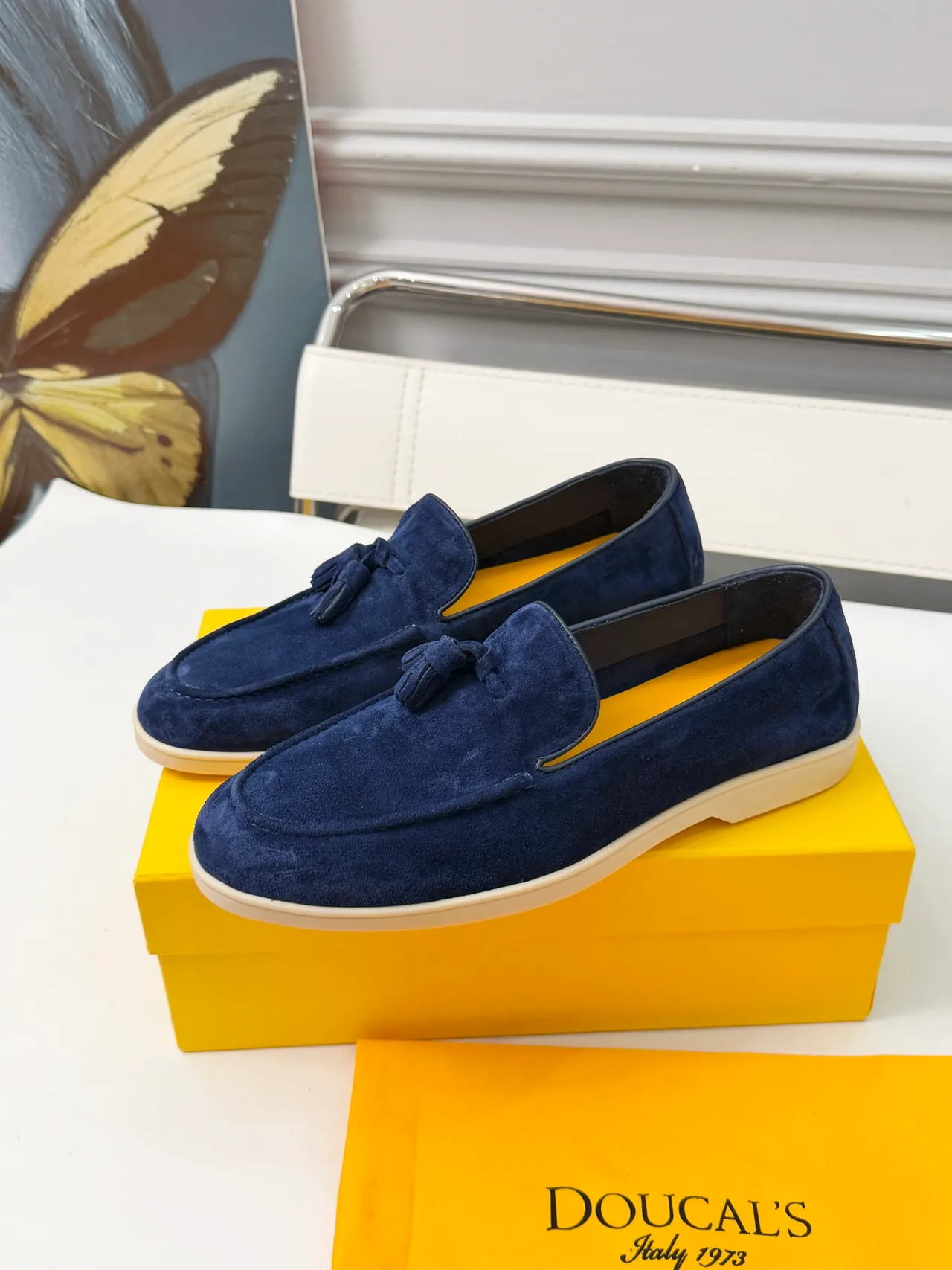 DOUCAI'S Navy Beige Suede Tassel Detail Loafer 4