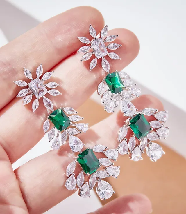 Emerald-Cut Green and Clear Stone Floral Drop Earrings 4