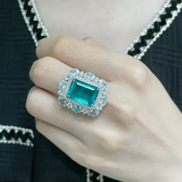 Emerald-Cut Green Gemstone Halo Cluster Ring 8
