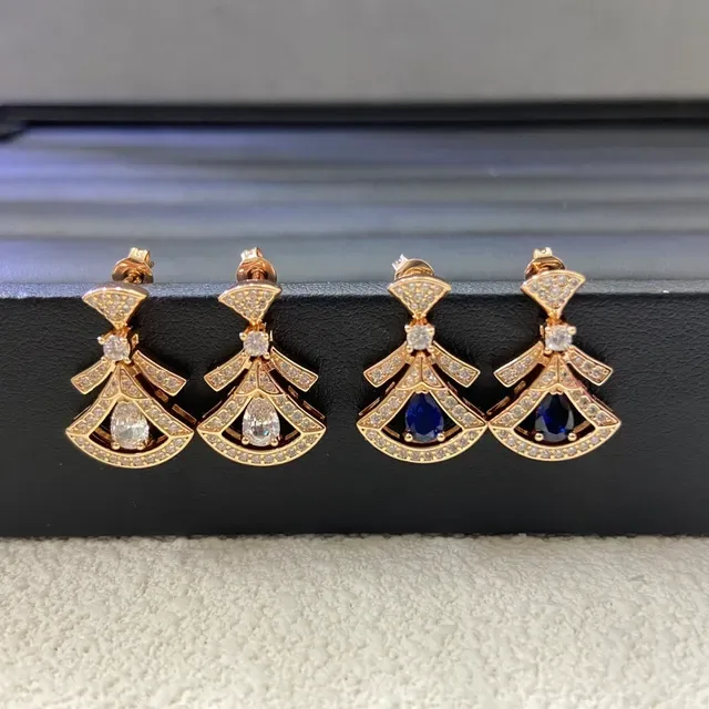 Fan-Shaped Pavé-Set Teardrop Sapphire Gold-Tone Earrings 4