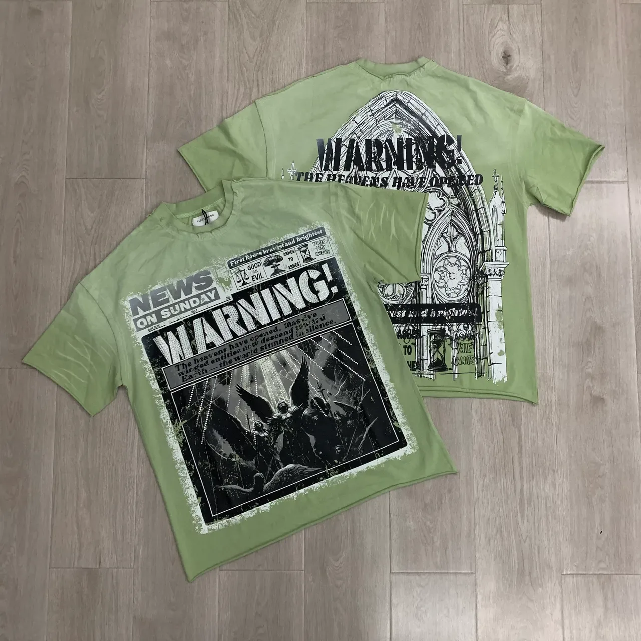 FIRSTROW Newspaper Warning Graphic Mint Green T-Shirt 4