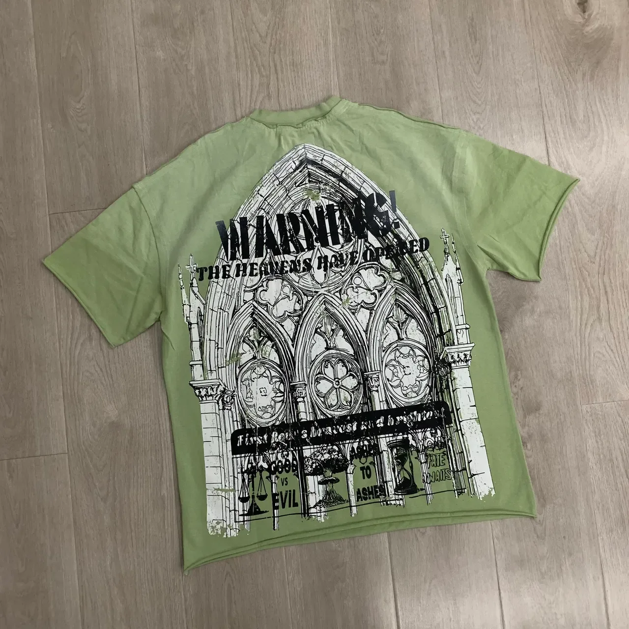 FIRSTROW Newspaper Warning Graphic Mint Green T-Shirt 6