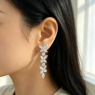 Floral Motif Marquise-Cut Crystal Dangling Earrings