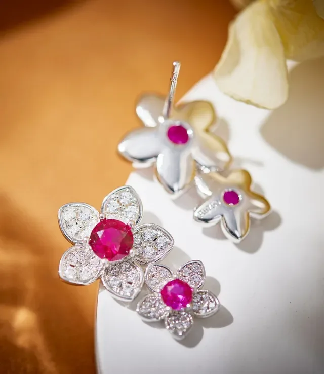 Floral Ruby and Diamond Cluster Earrings 2