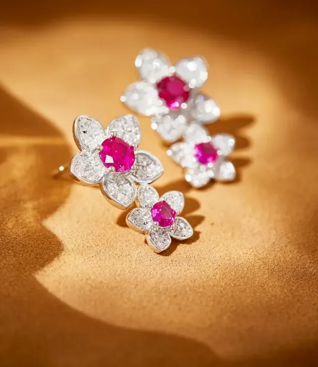Floral Ruby and Diamond Cluster Earrings 4