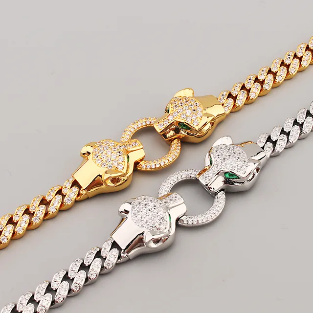 Gold and Silver Tone Pave-Set Double Panther Head Curb Chain Bracelets 6