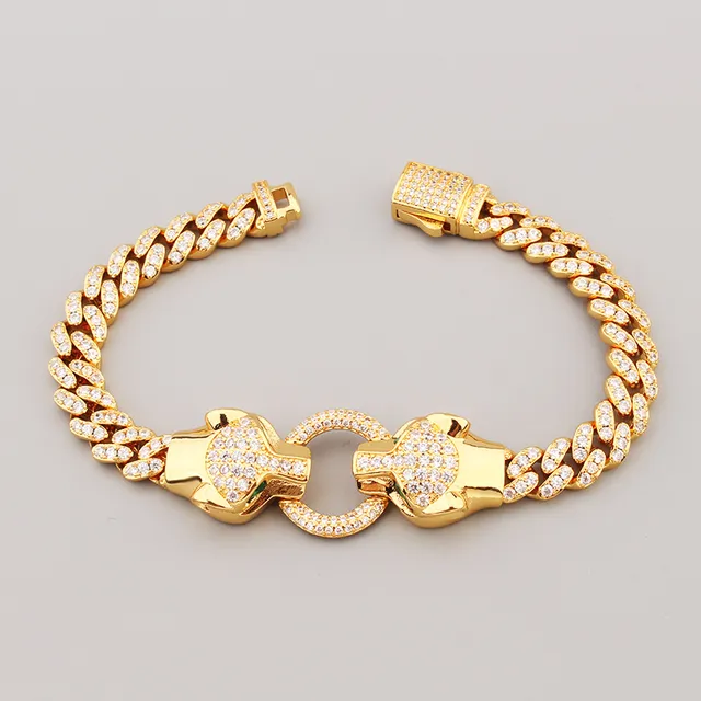 Gold and Silver Tone Pave-Set Double Panther Head Curb Chain Bracelets 9
