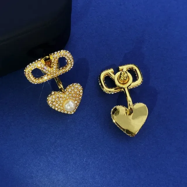 Gold and Silver Tone V-Motif Heart Crystal Pearl Earrings 2
