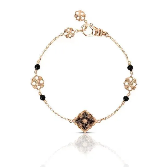 Gold Black Chain Floral Motif Links Bracelet 7