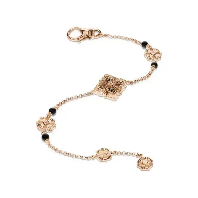 Gold Black Chain Floral Motif Links Bracelet 8