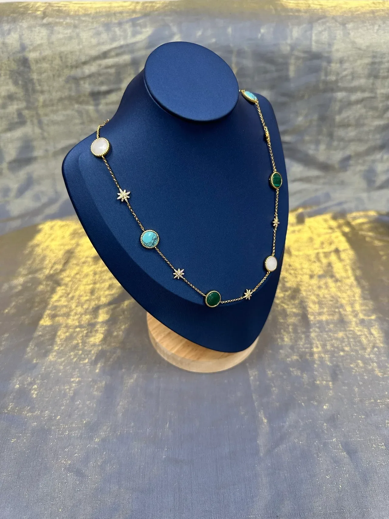 Gold Blue Chain Round Cabochon Gemstones Necklace 8