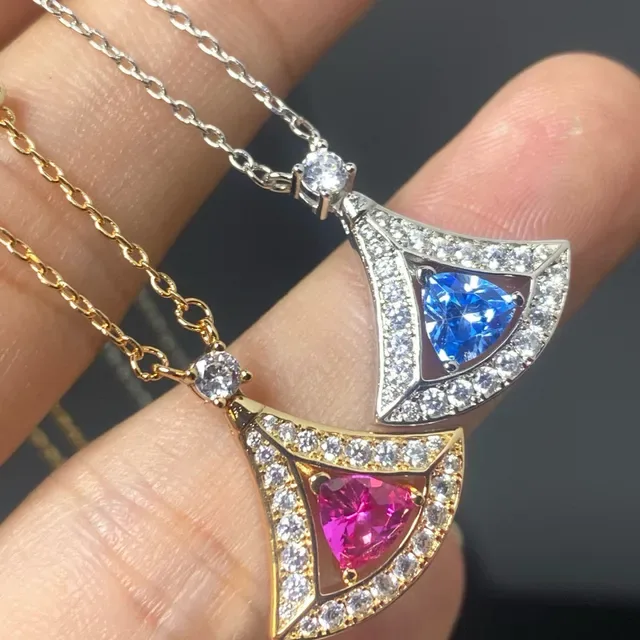 Gold Blue Fan-Shaped Pendant Pavé-Set Clear Stones Necklace 2