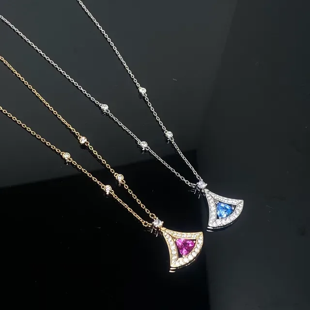 Gold Blue Fan-Shaped Pendant Pavé-Set Clear Stones Necklace 3