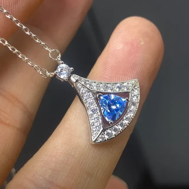 Gold Blue Fan-Shaped Pendant Pavé-Set Clear Stones Necklace 4
