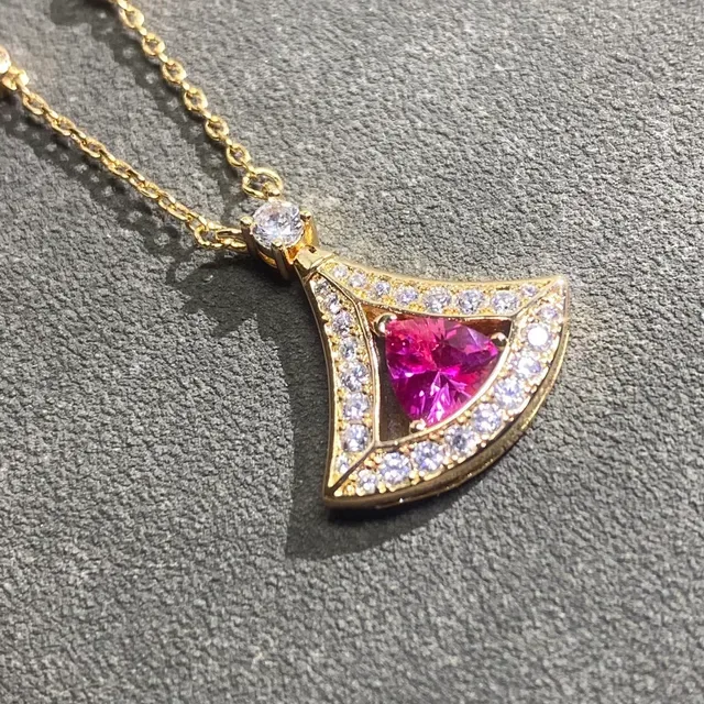 Gold Blue Fan-Shaped Pendant Pavé-Set Clear Stones Necklace 5