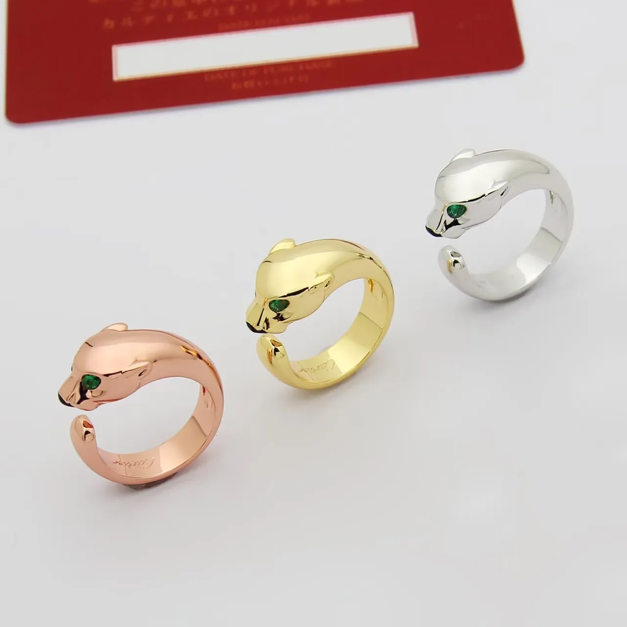 Gold Green Panther-Head Motif Open Adjustable Band Ring 6