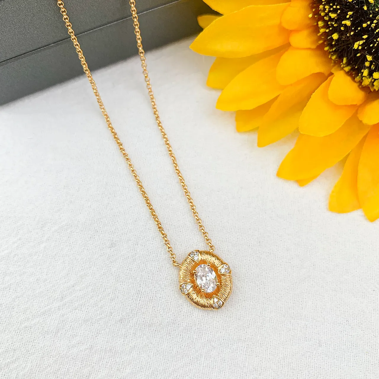 Gold Multicolor Textured Bezel Oval Central Gemstone Necklace 2