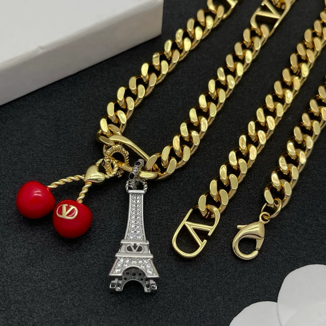 Gold Red Curb Chain Multi-Charm Pendant Necklace 4