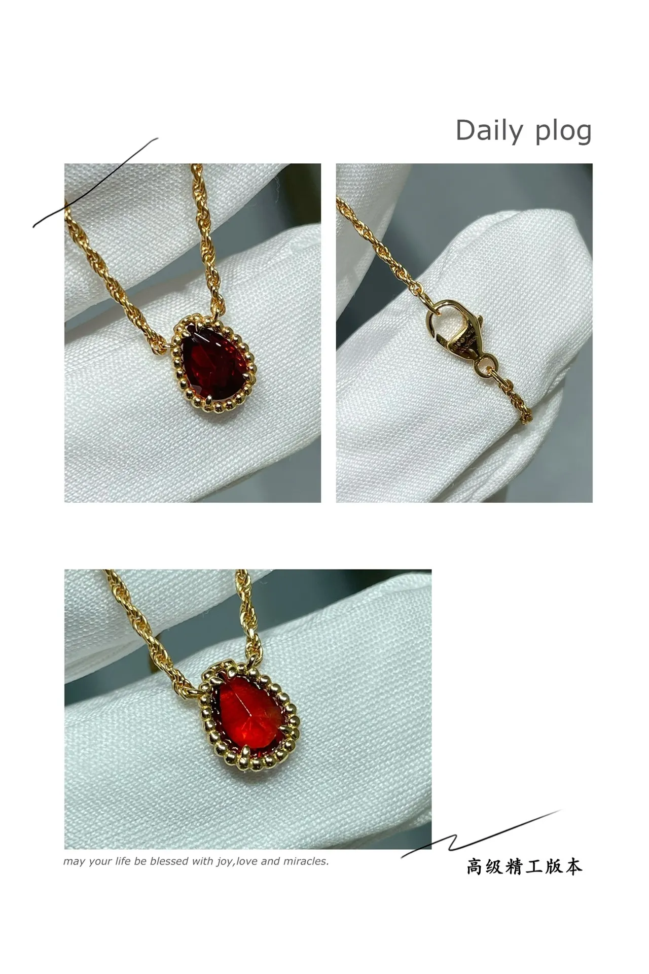Gold Rope Chain Teardrop Red Gemstone Bezel Pendant Necklace 5