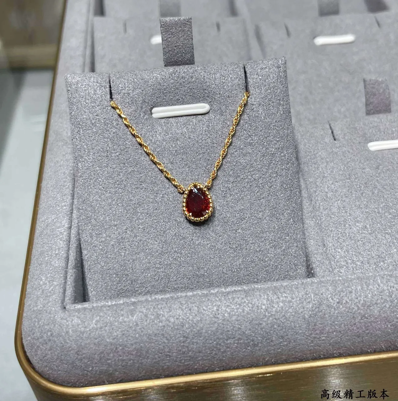 Gold Rope Chain Teardrop Red Gemstone Bezel Pendant Necklace 6