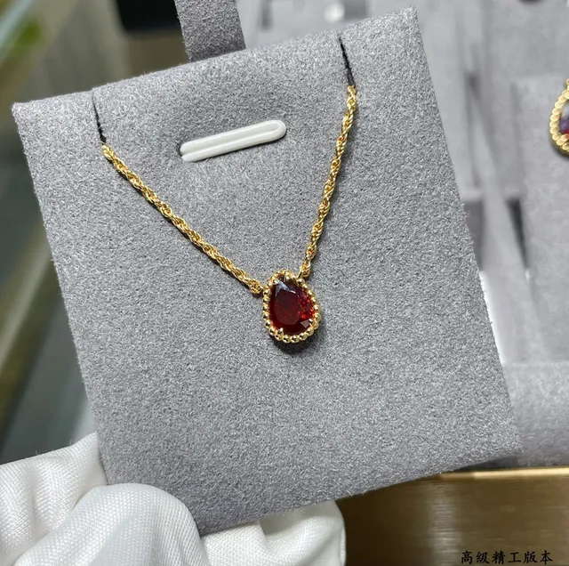 Gold Rope Chain Teardrop Red Gemstone Bezel Pendant Necklace 7