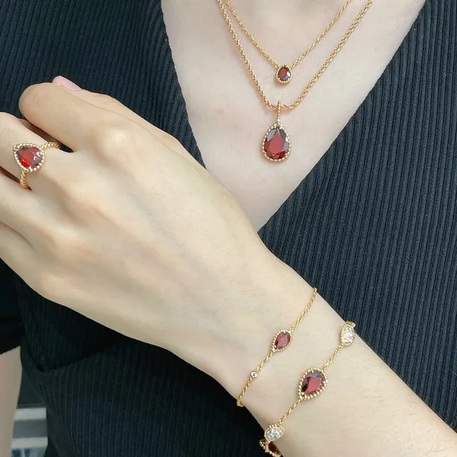 Gold Rope Chain Teardrop Red Gemstone Bezel Pendant Necklace 8