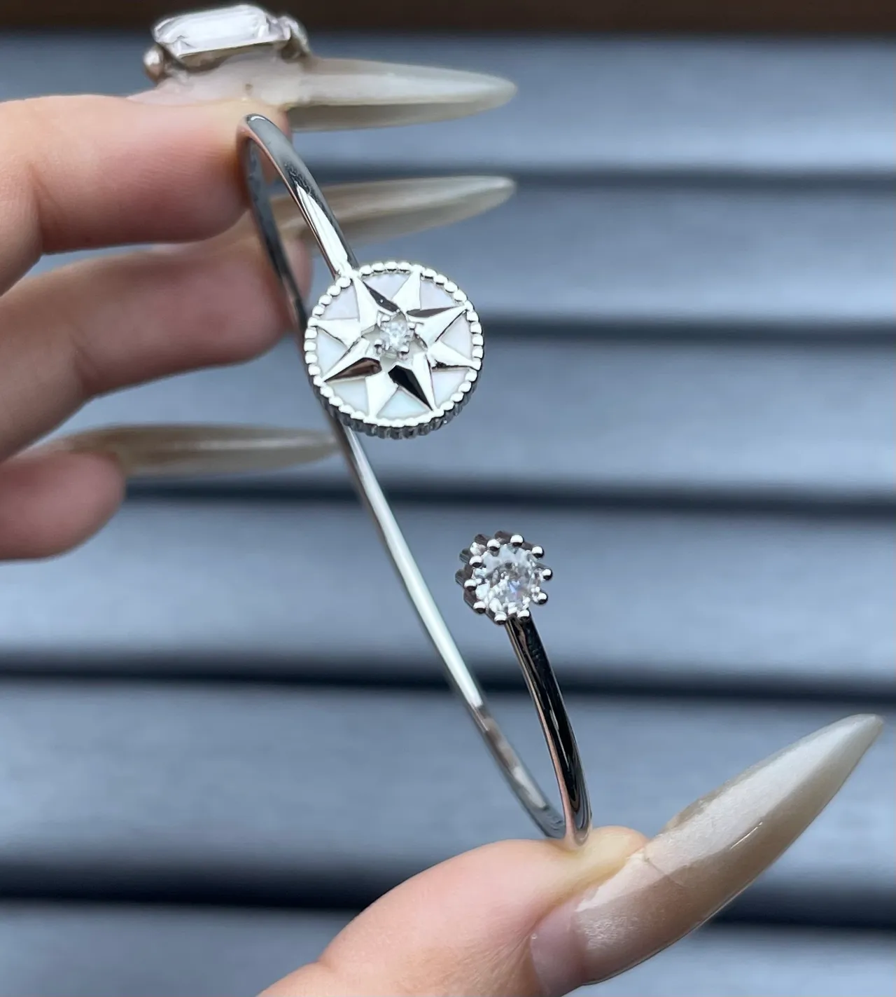 Gold Silver and Rose Gold Compass-Star and Solitaire Crystal Open Bangle Bracelets 3