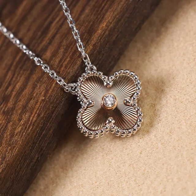 Gold Silver Four-Petal Floral Pendant Sunburst-Textured Petals Necklace 7