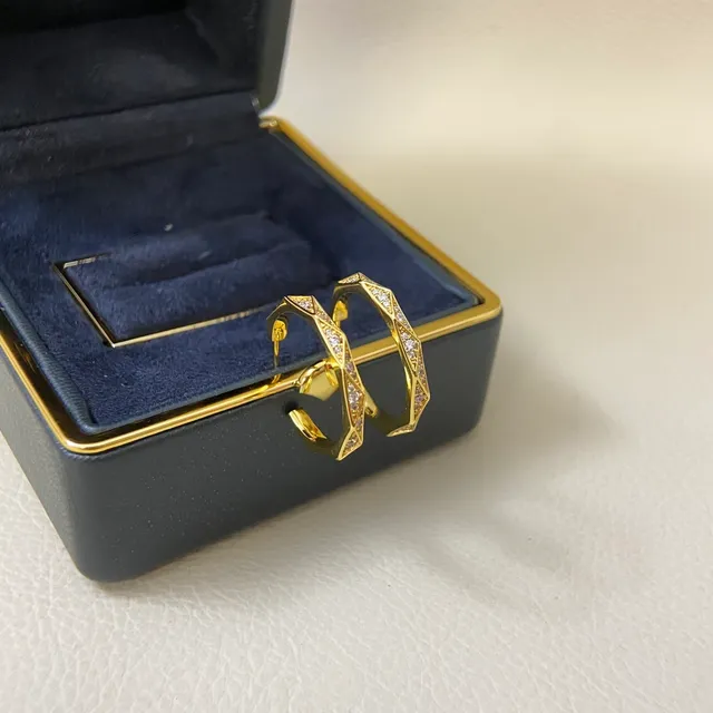 Gold Silver Geometric Faceted Hoops Pavé-Set Clear Stones Ring 5