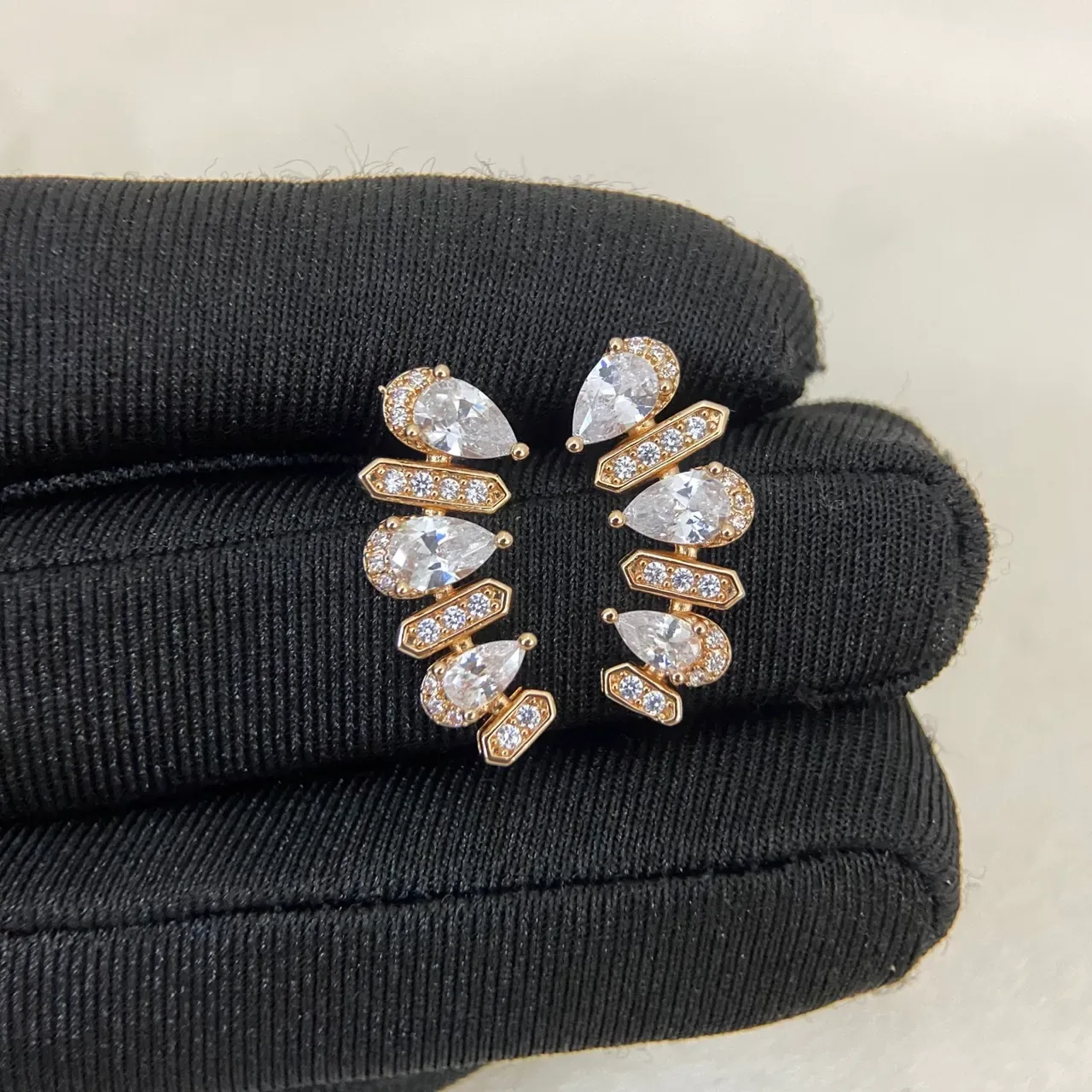 Gold Silver Multi-Tiered Pear-Cut Stone Earrings 2
