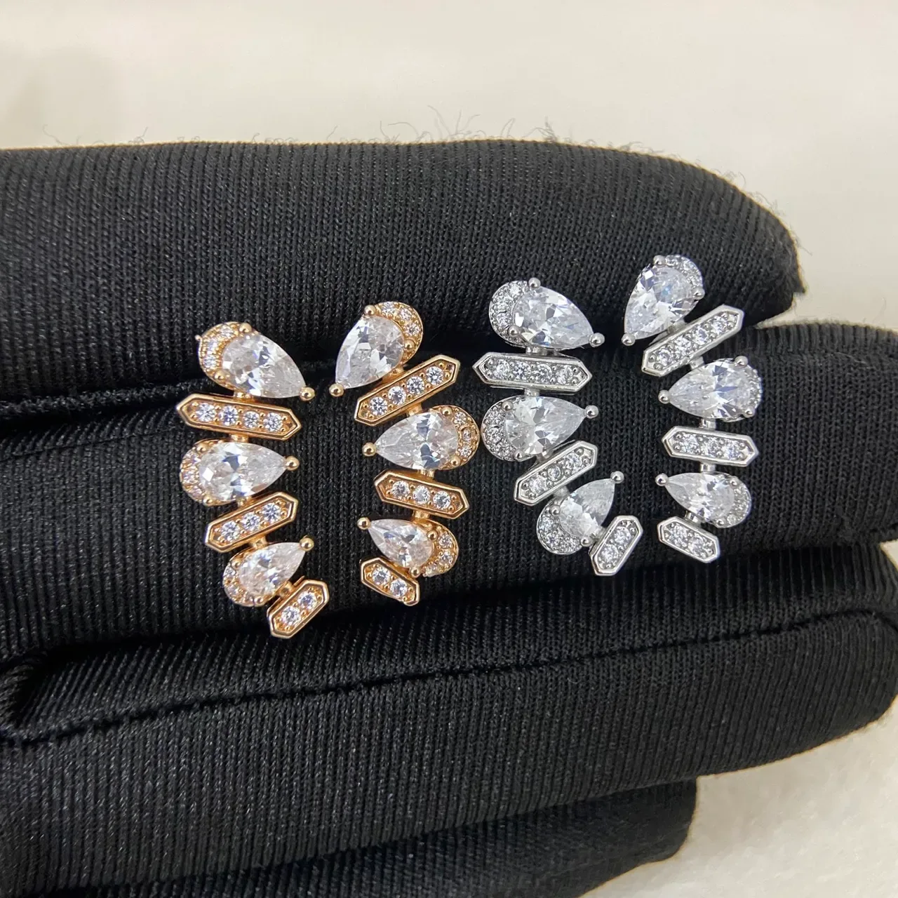 Gold Silver Multi-Tiered Pear-Cut Stone Earrings 6