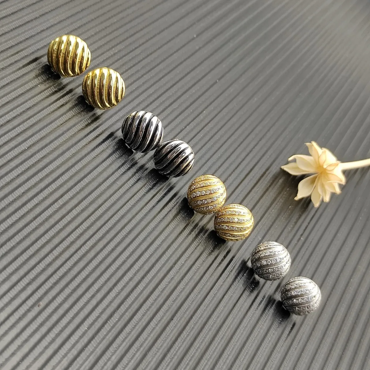 Gold Silver Ribbed Spherical Metallic Earrings 6