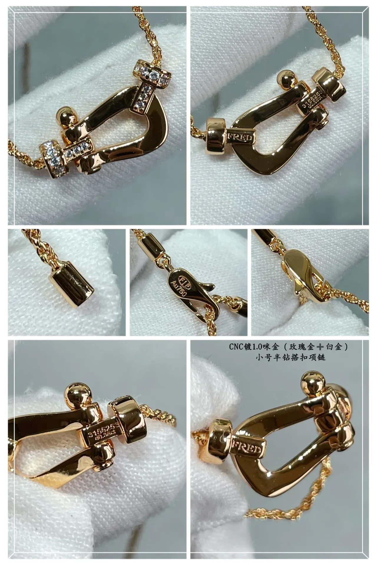 Gold Silver Shackle-Shaped Pendant Pavé-Set Stones Necklace 5