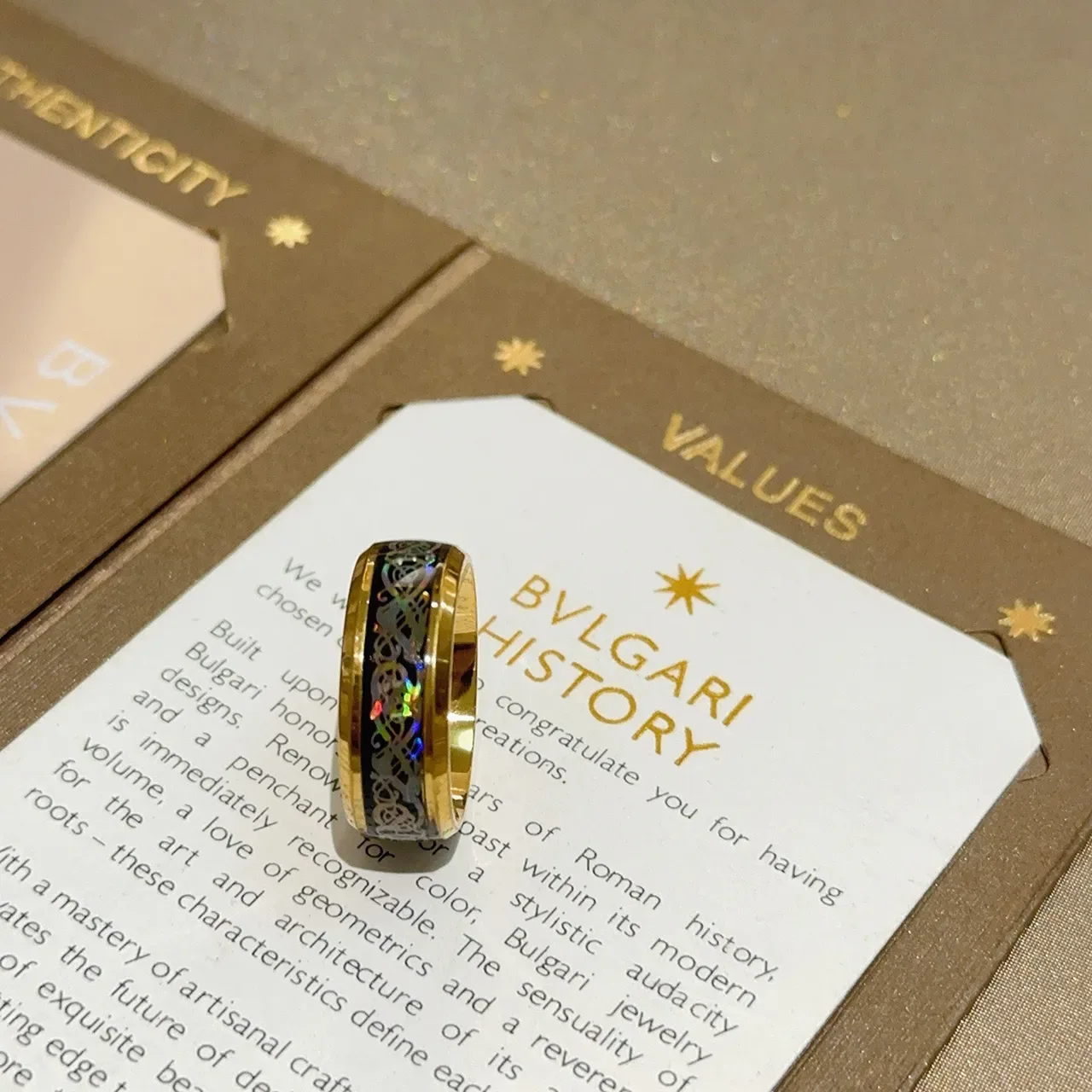 Gold-Tone Celtic Knot Iridescent Inlay Wide Band Ring 6