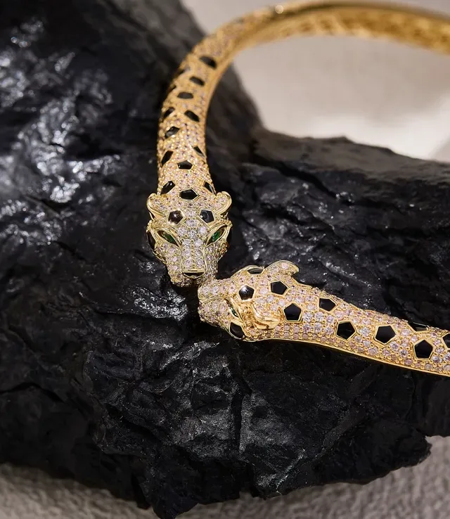 Gold-Tone Pavé Black and Clear Stone Animal-Head Hinged Bangle Bracelet 3
