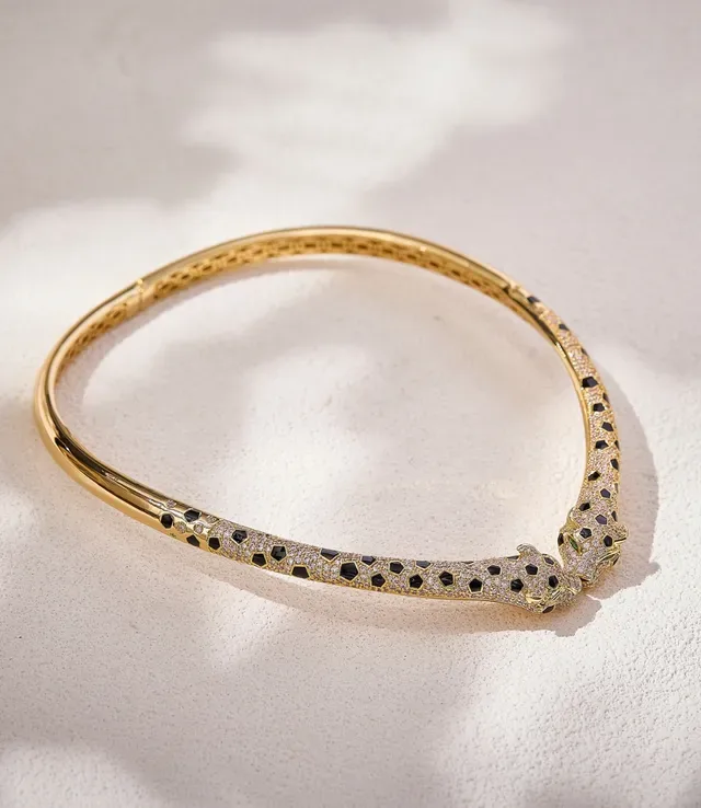 Gold-Tone Pavé Black and Clear Stone Animal-Head Hinged Bangle Bracelet 6