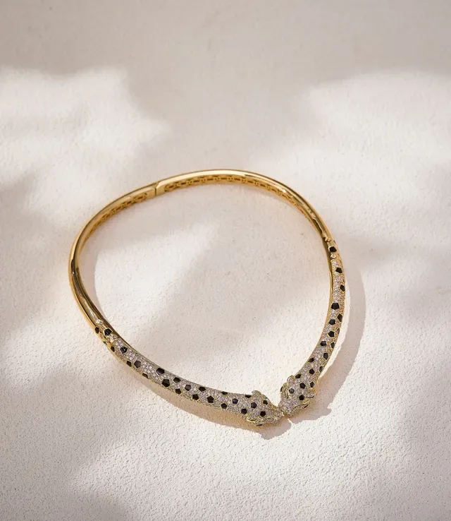 Gold-Tone Pavé Black and Clear Stone Animal-Head Hinged Bangle Bracelet 9