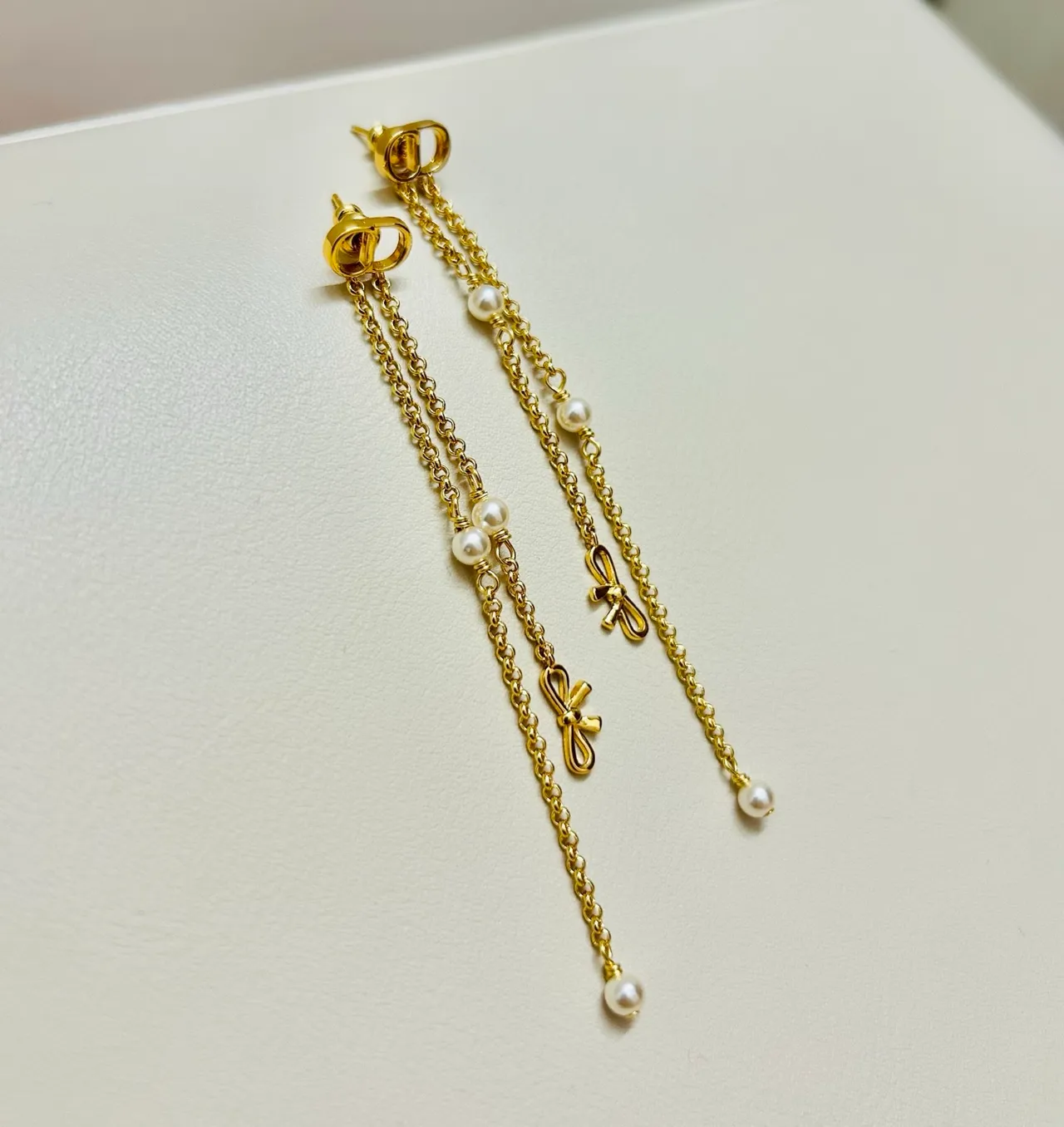 Gold-Tone Pearl and Bow Chain Drop Earrings 3