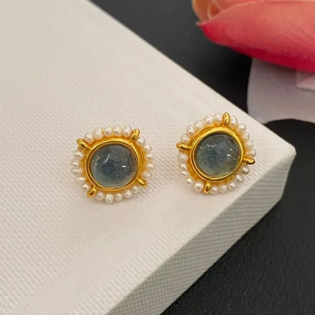 Gold-Tone Pearl Halo Cabochon Stud Earrings 5