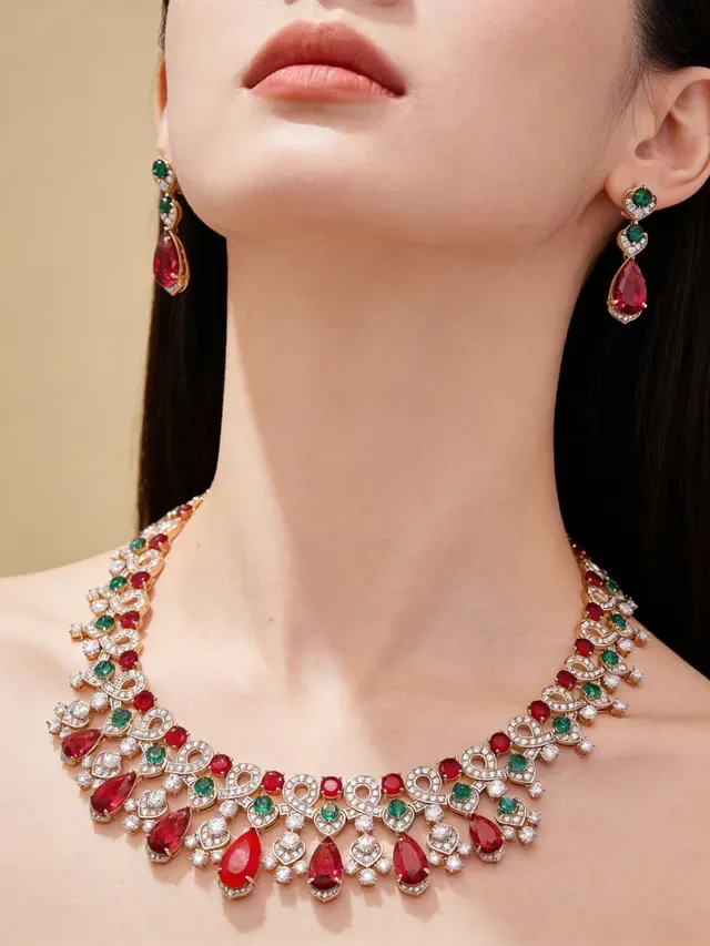 Gold-Tone Red and Green Gemstone Drop Earrings 7