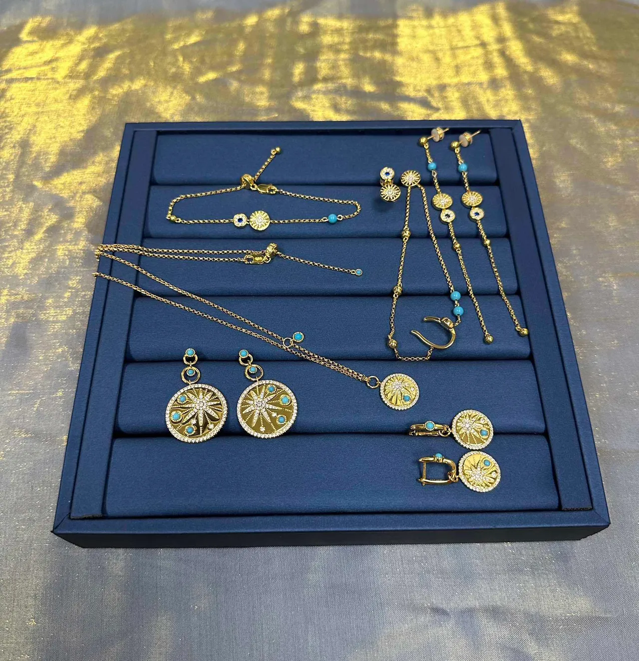 Gold-Tone Turquoise Bead Sunburst Charm Dangle Earrings 7