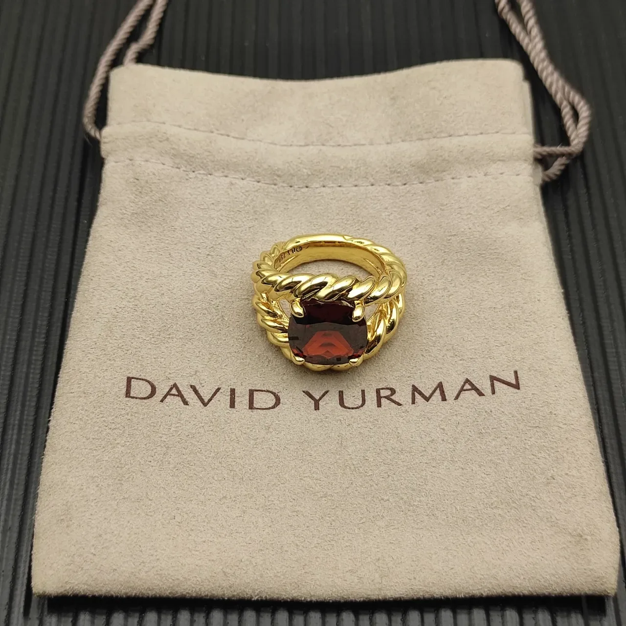 Gold-Toned Twisted Rope Band Red Gemstone Ring 11