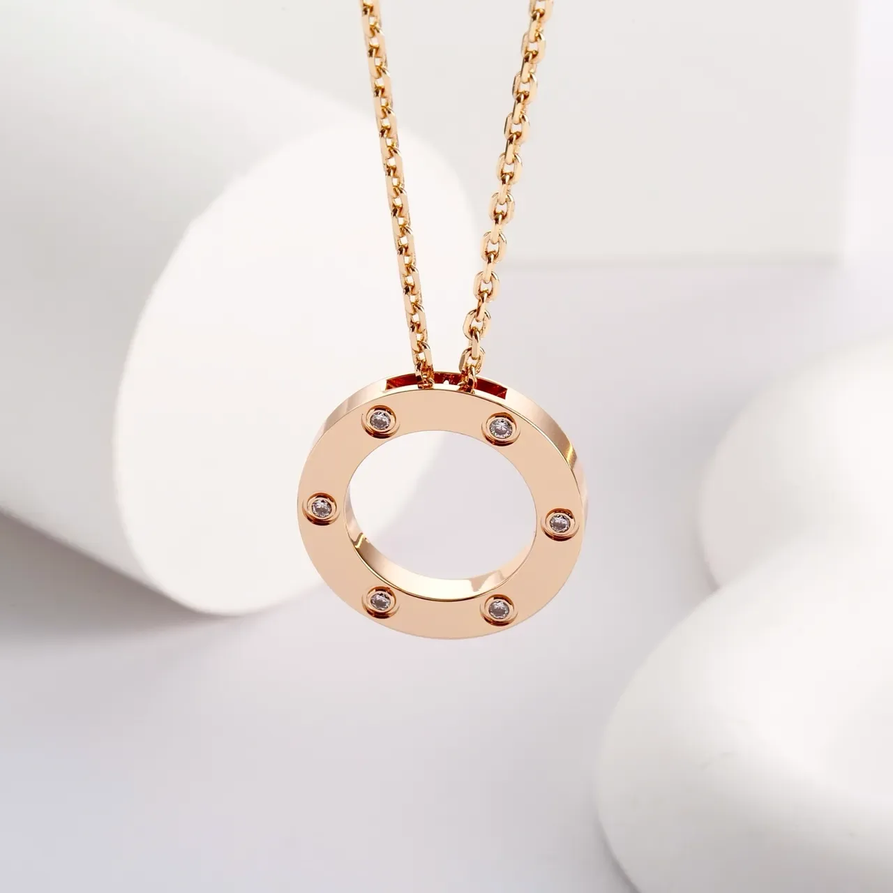 Gold Transparent Circular Open-Ring Pendant Six Bezel-Set Clear Stones Necklace 9