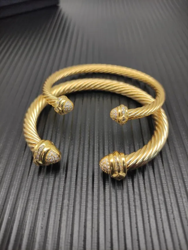Gold Twisted Rope Diamond Terminal Open Bangle Bracelet 2