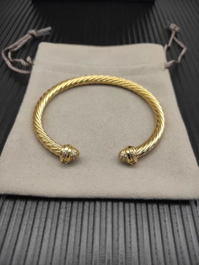Gold Twisted Rope Diamond Terminal Open Bangle Bracelet 7