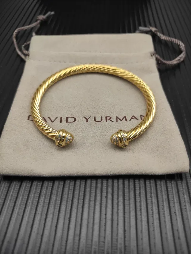 Gold Twisted Rope Diamond Terminal Open Bangle Bracelet 9