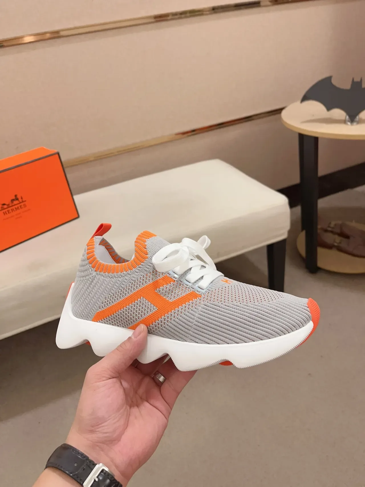 Gray Orange Knit Upper Sculpted Wavy Midsole Sneakers 4